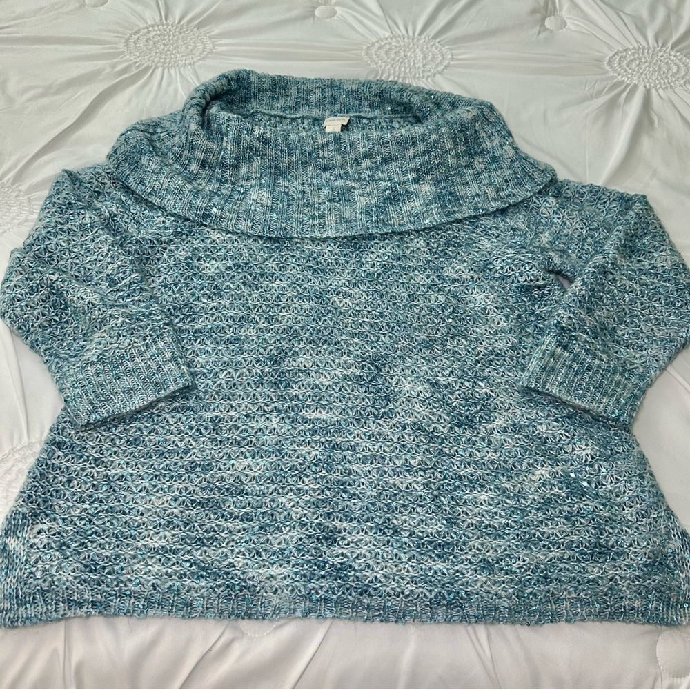 Chico's Teal Blue Sequin Detail Mohair Blend Cowl Neck Holiday Sweater Size XL